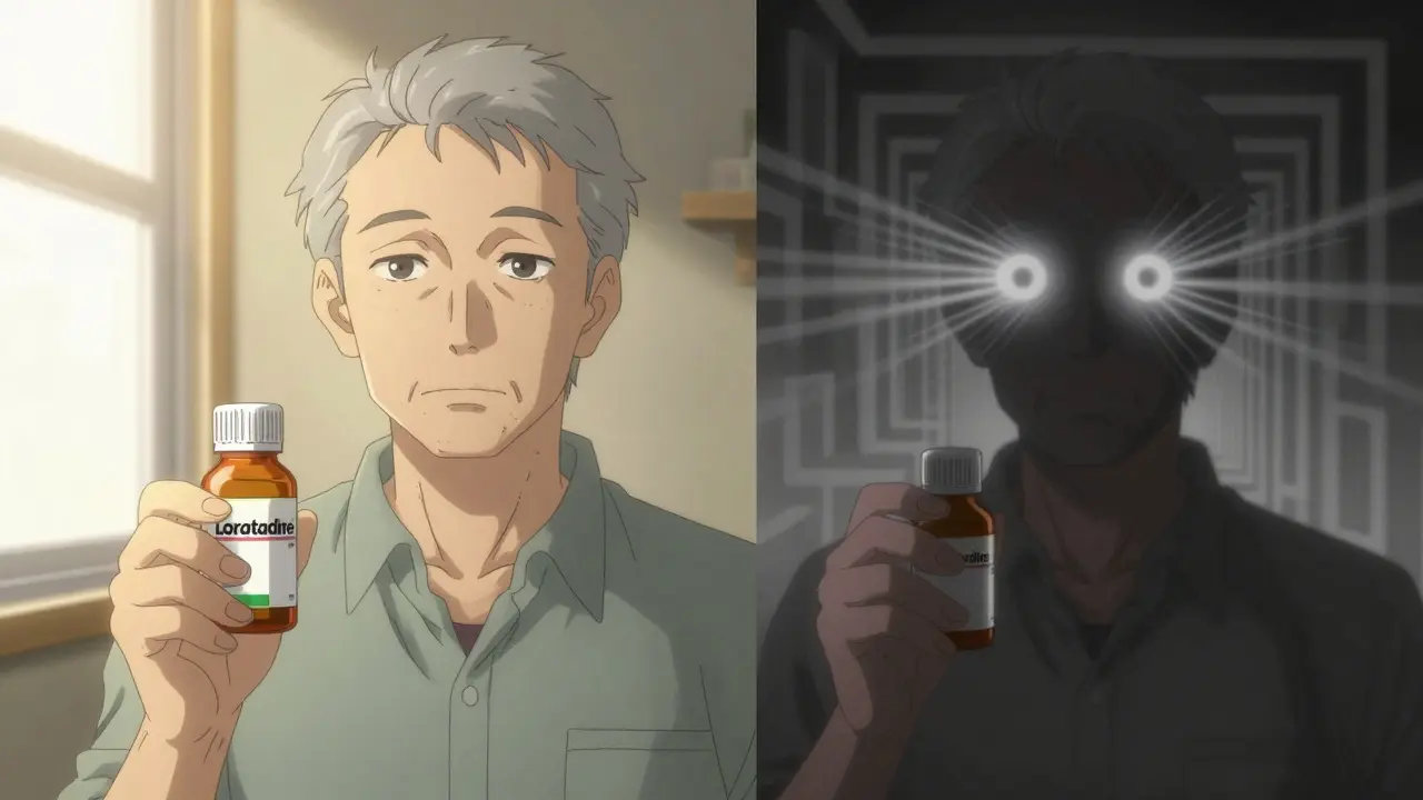 A senior holds a safe allergy pill with sunlight beside another holding a risky one, eyes blurred—contrasting clarity and confusion.