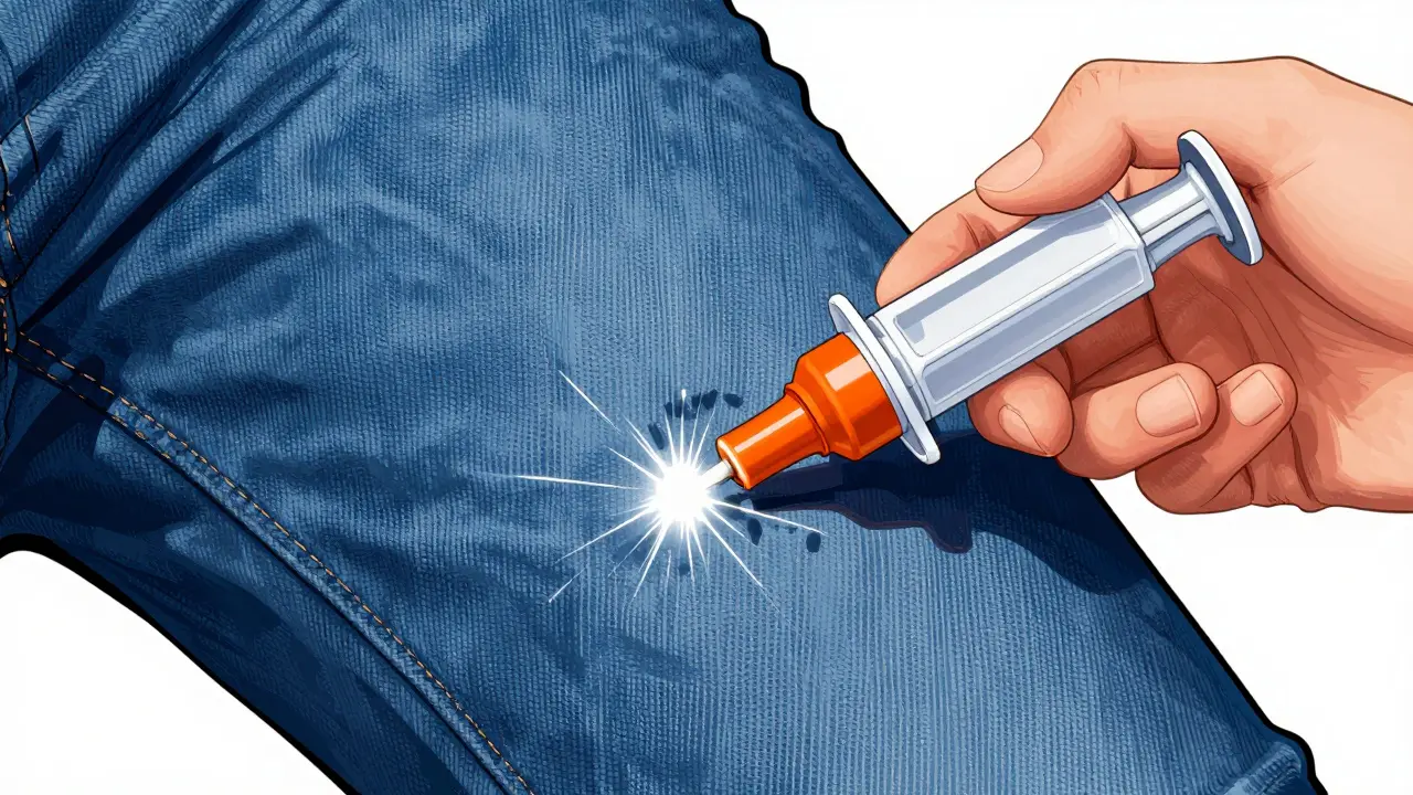 Close-up of anime style hand administering emergency auto-injector to outer thigh