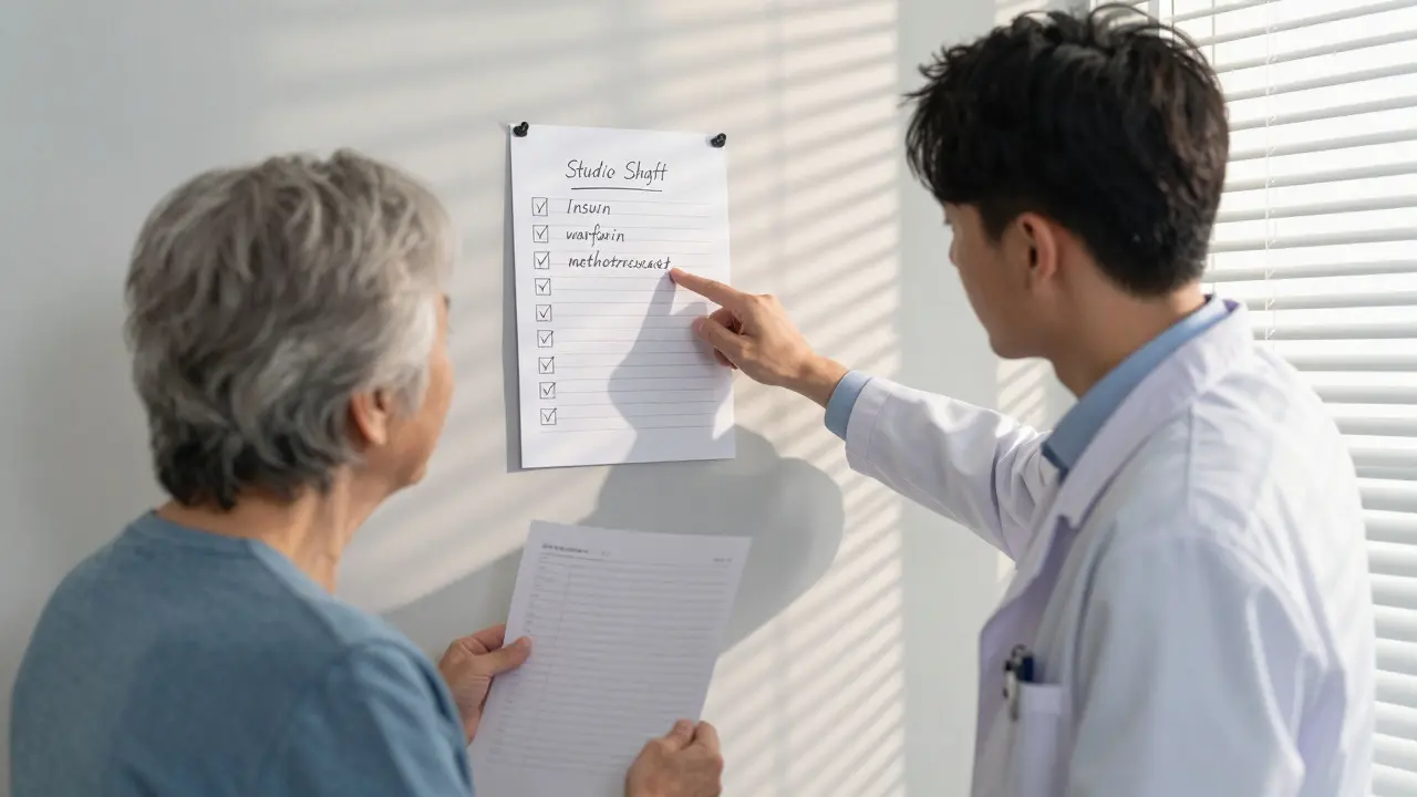 Elderly patient and doctor reviewing handwritten medication log with checkmarks under morning light.