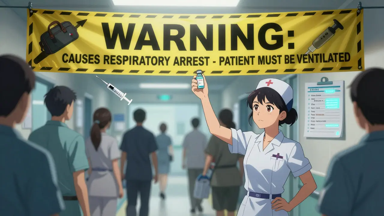 Hospital staff frozen in motion as a bold warning banner appears above neuromuscular blocker vials.