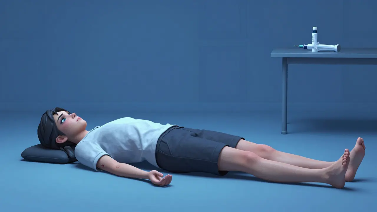 Patient lying flat recovering after injection in bright studio shaft animation style