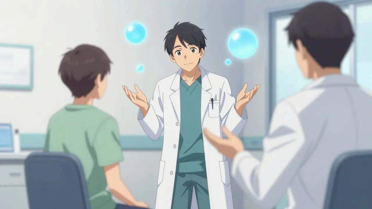 Patient speaking confidently during a medical consultation