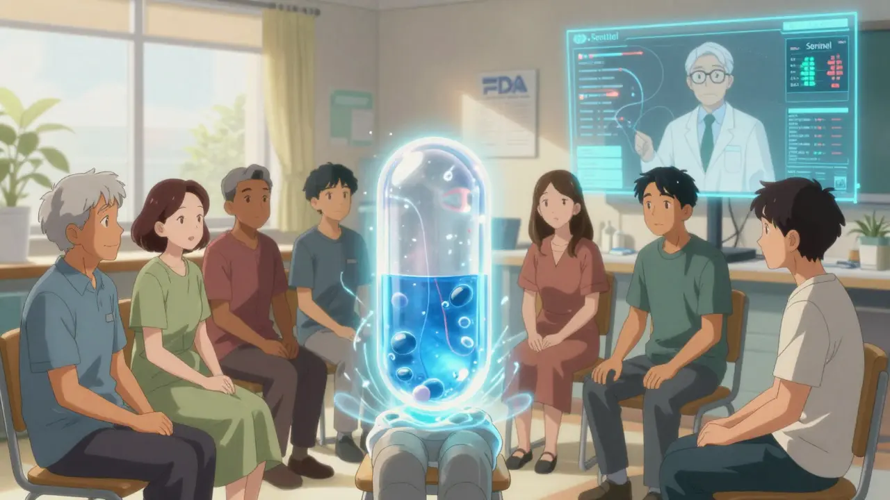 Patients in a clinic with glowing drug absorption patterns, one showing uneven dissolution, watched by a data screen.
