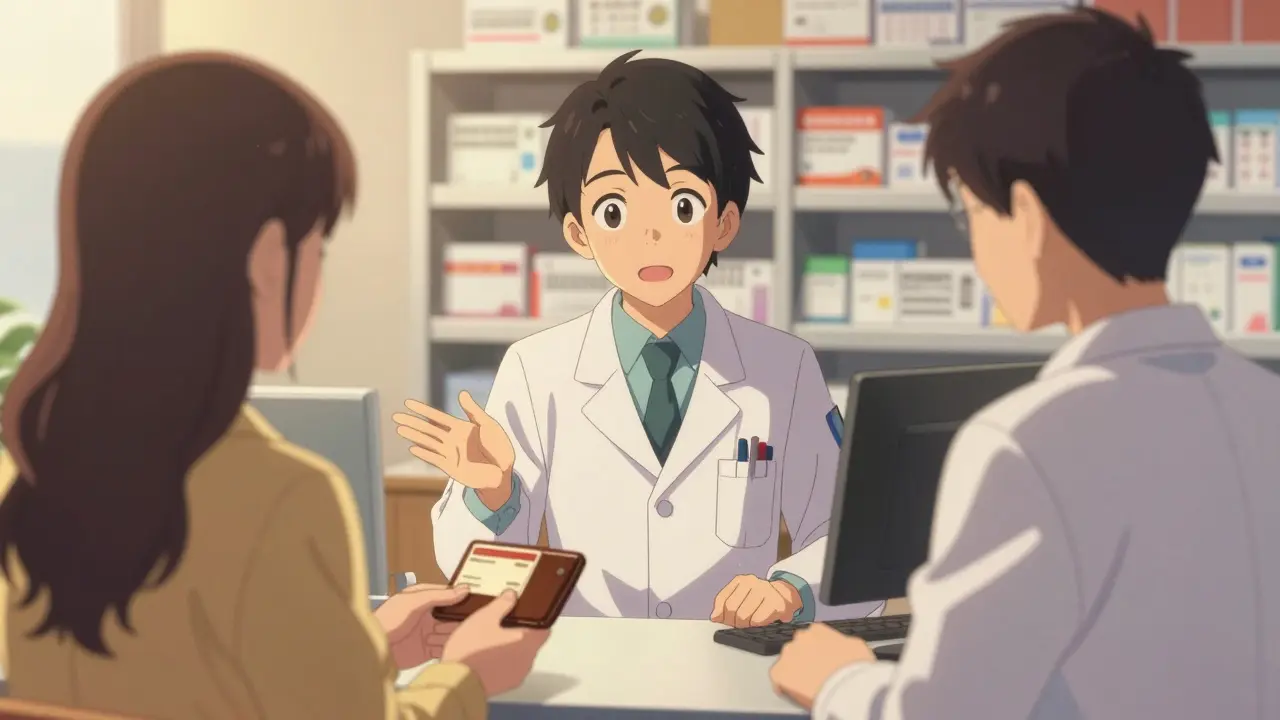 Pharmacist talking to patient at service counter.