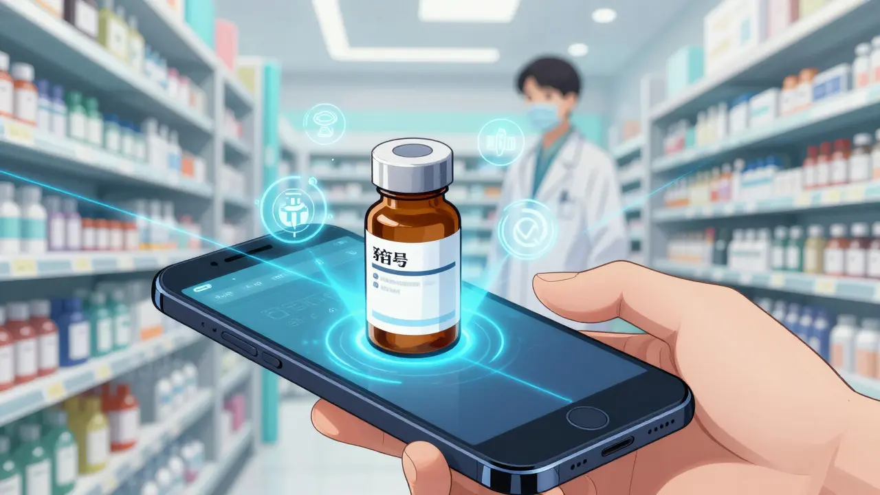 Phone scanning pill bottle with blue laser lights.