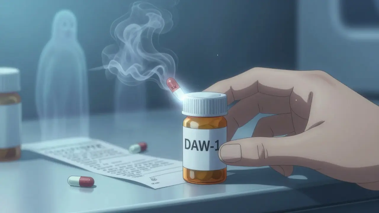 Prescription bottle with DAW-1 stamp beside dissolving generic pills