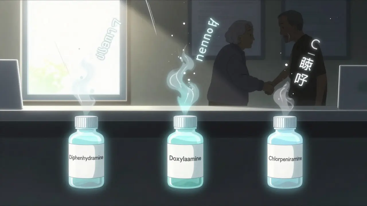 Safe antihistamines float upward toward light while dangerous ones sink into shadow, symbolizing choice for elderly health.
