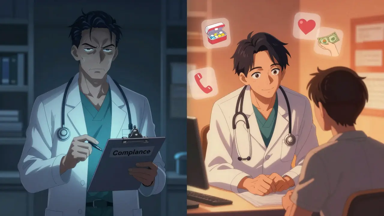 Split scene: cold compliance vs. warm partnership in healthcare, anime style with emotional color contrast.