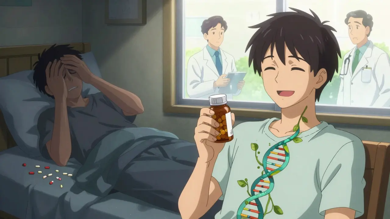 Split scene: person having seizure vs. recovering with brand medication