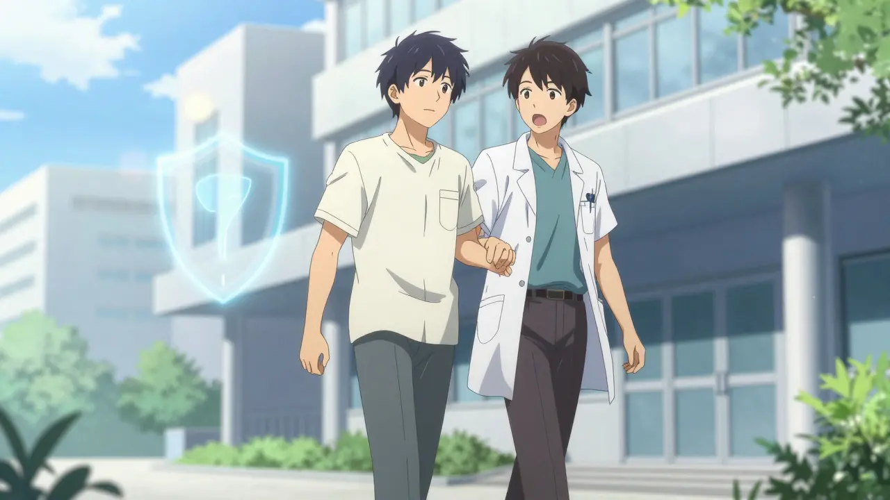 Two friends walking away from a clinic feeling relieved