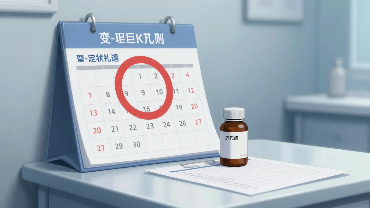 A calendar and supplement bottle in a sterile clinical room, anime style.