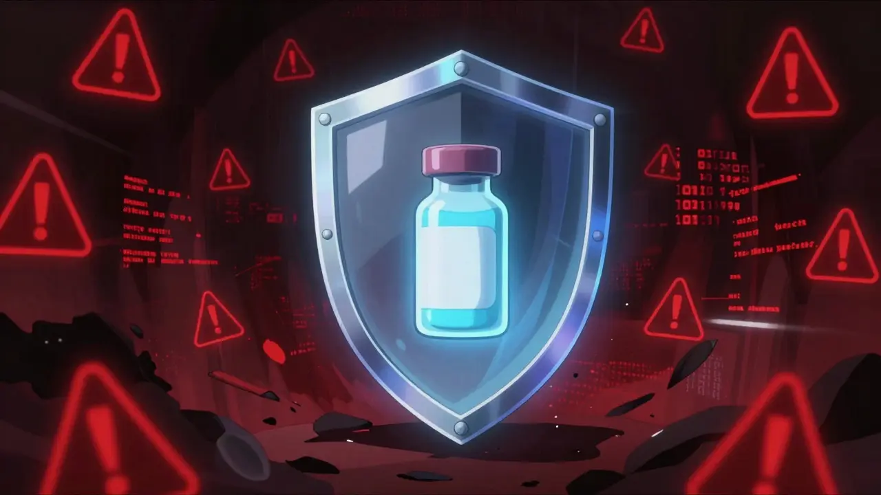 A glowing shield protecting medication from a glitchy digital void