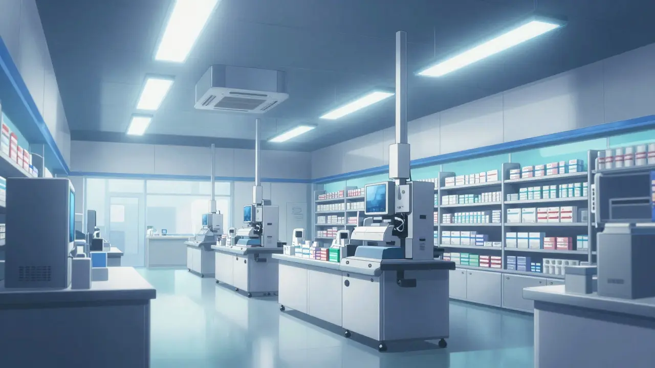 A modern, high-tech pharmacy facility with dramatic anime architecture