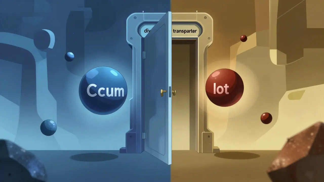 Anime art showing calcium and iron competing to enter a molecular transporter doorway.