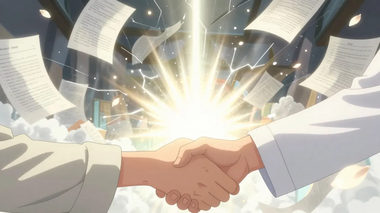 Anime illustration of a pharmacist and patient shaking hands as a dark glass ceiling shatters.