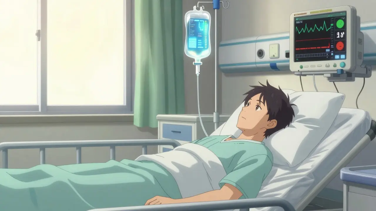 Anime patient receiving intravenous hydration in a high-tech hospital room