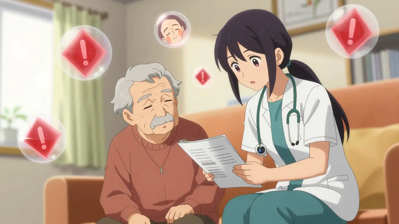 Anime scene of a caregiver reviewing a medication list with floating red warning symbols.