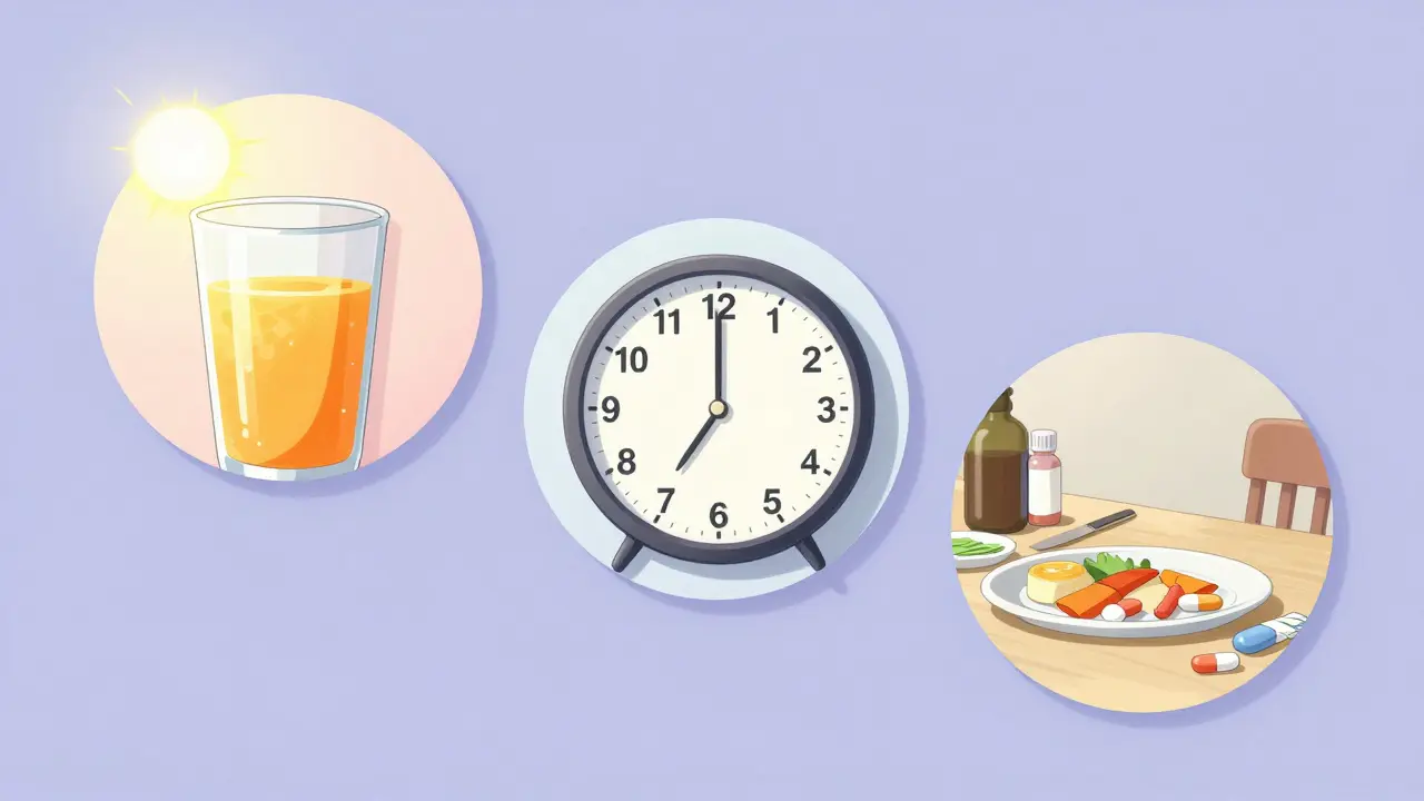 Anime-style montage of a daily schedule for taking iron, medication, and calcium.