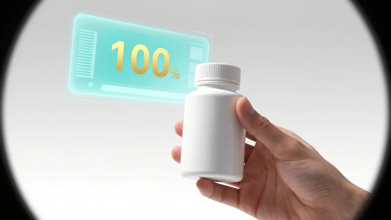 Hand holding a generic medication bottle with a floating digital coupon icon