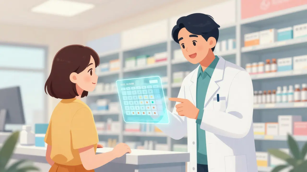 Patient and pharmacist discussing a medication plan in a bright, modern pharmacy.