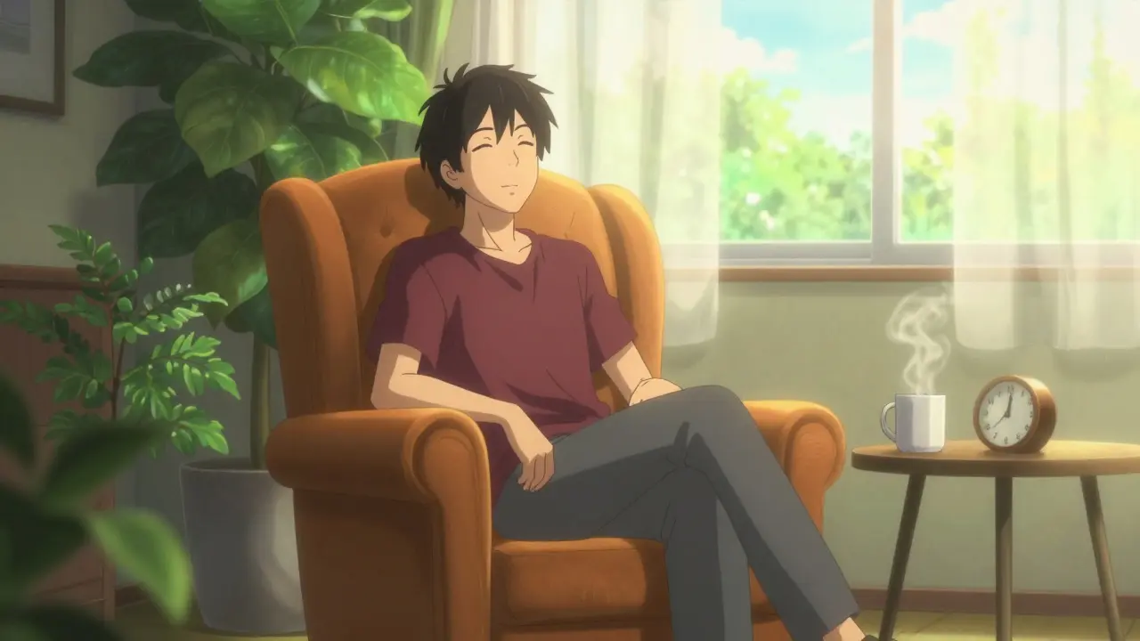 Person relaxing at home desk with morning sunlight.