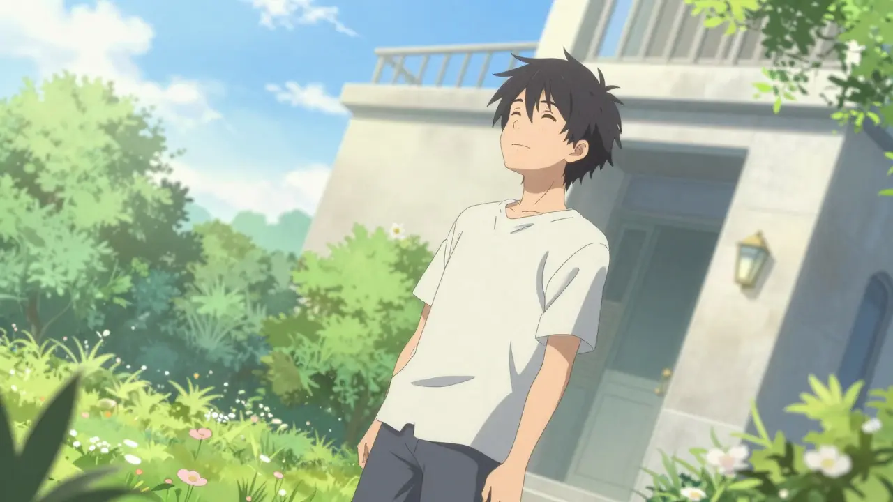 Relieved and energized person standing in a peaceful, brightly lit garden