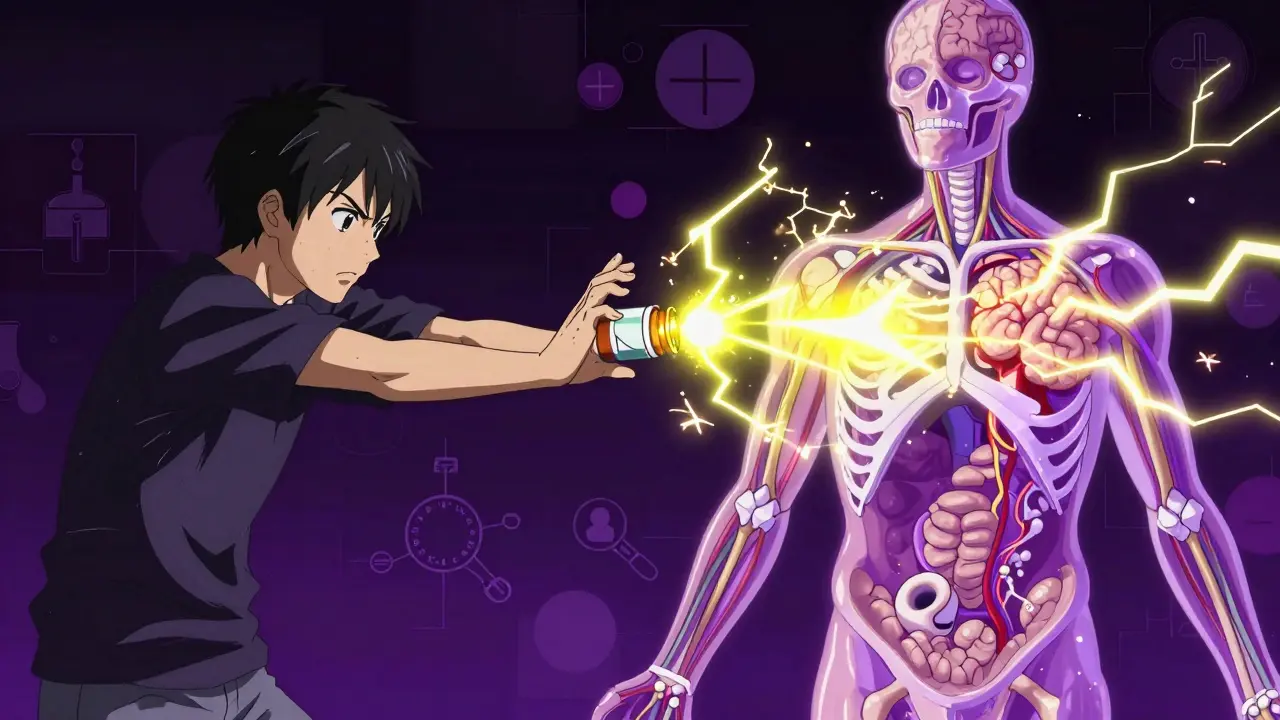 Split screen showing a person quitting medication and the resulting nervous system shock.