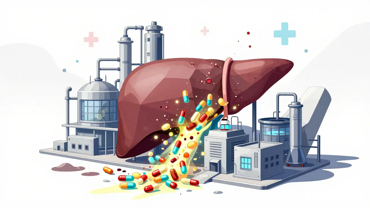 Stylized anime depiction of a liver enzyme processing plant being blocked by inhibitors