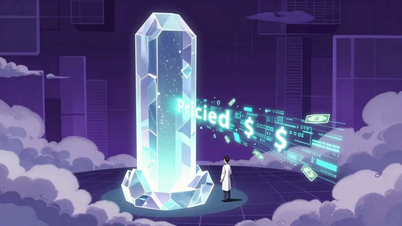 Surreal anime depiction of a giant monolith representing PBMs towering over a small pharmacist.