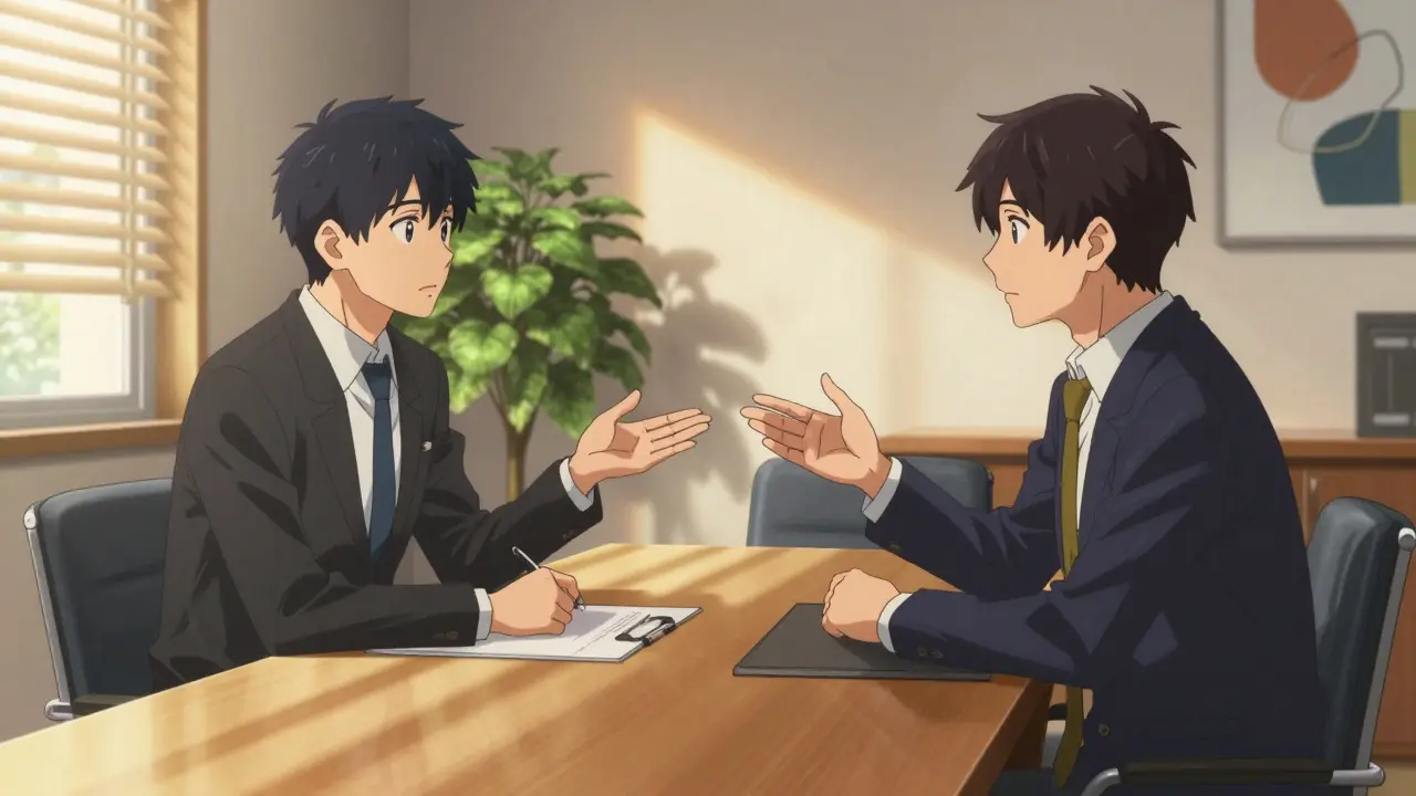 Two colleagues discussing matters at a wooden conference table.